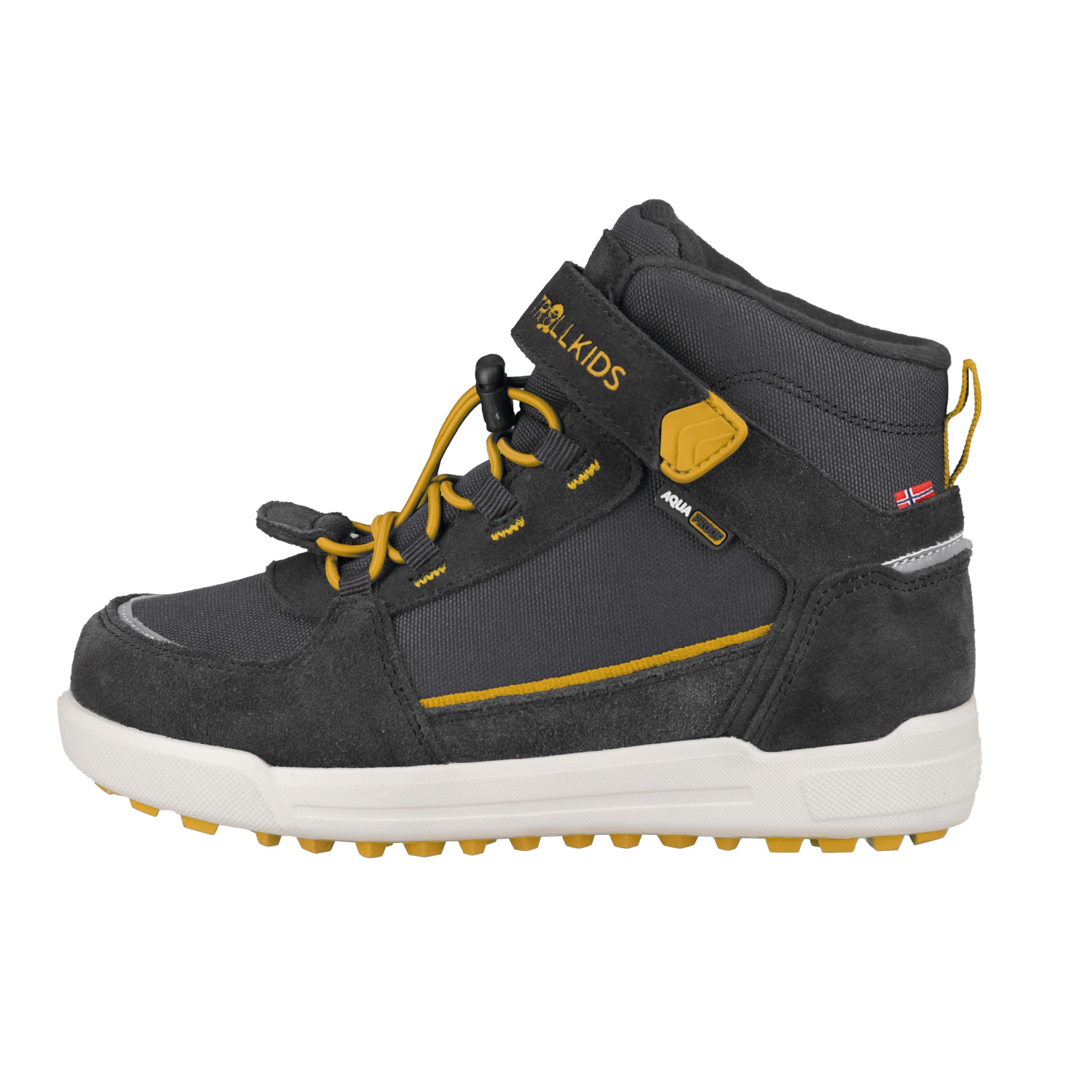 Winterstiefel TROLLKIDS "KIDS GRYLLEFJORD MID CUT", Gr. 28, schwarz (anthrazit, golden gelb), Leder, Synthetik, mehrfarbig, Schuhe, wasserdicht, Klettverschluss, reflektierende Details Image