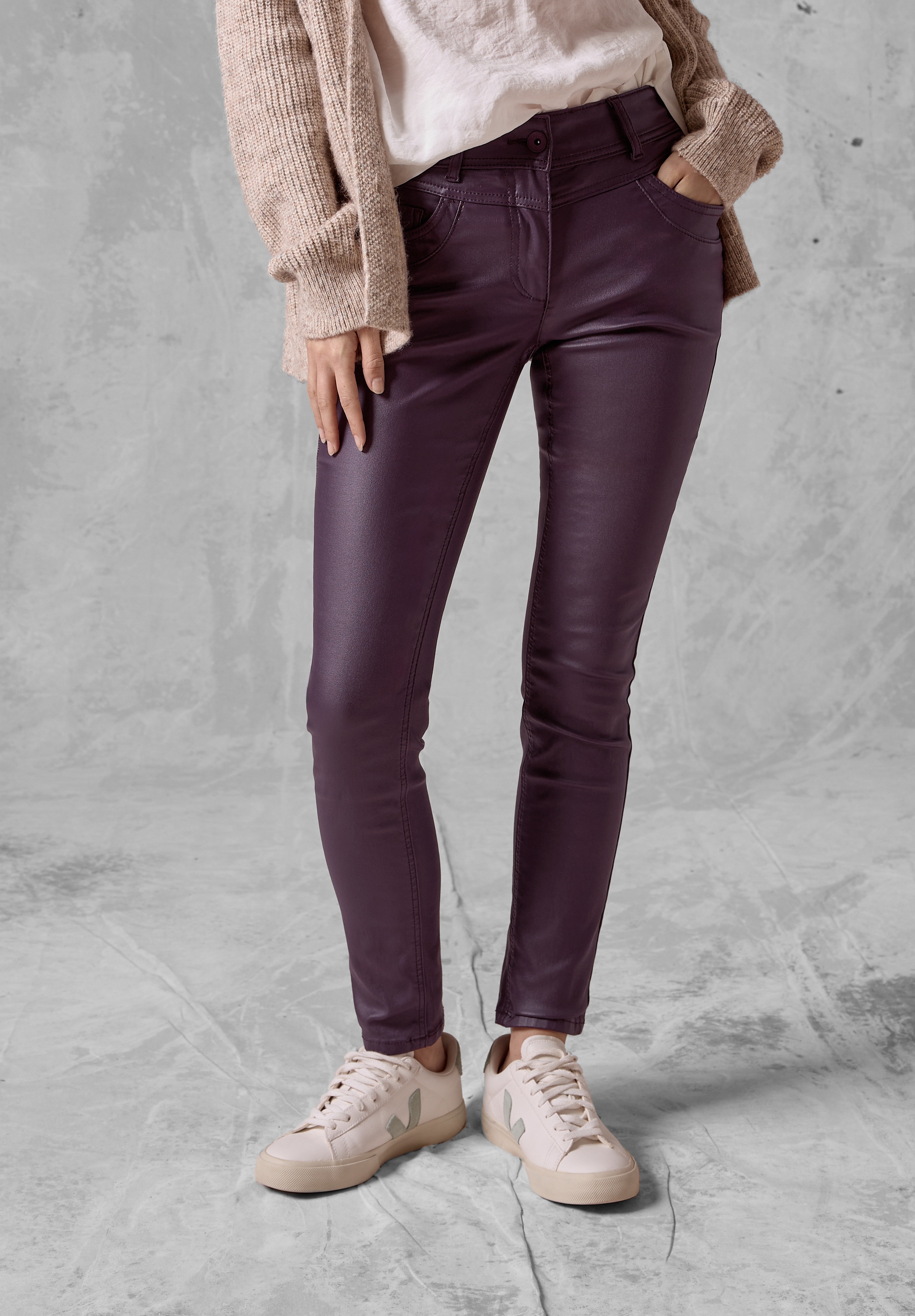 Lederimitathose CECIL, Damen, Gr. 31, Länge 30, beloved berry, Stoff, 76% Viskose, 21% Nylon, 3% Elasthan, unifarben, comfort fit lang, Hosen, Middle Waist Image