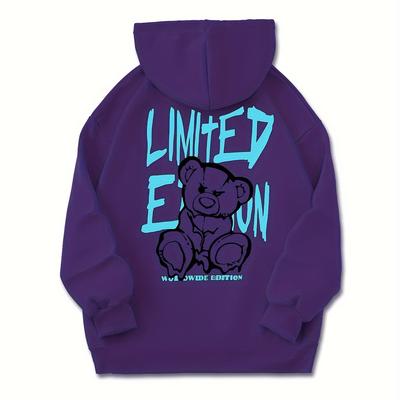 TEMU Angry Bear Print Solid Color Drawstring Hoodie, Pullover Kangaroo Pocket Active Hooded Sweatshirt, Women's Sweatshirts