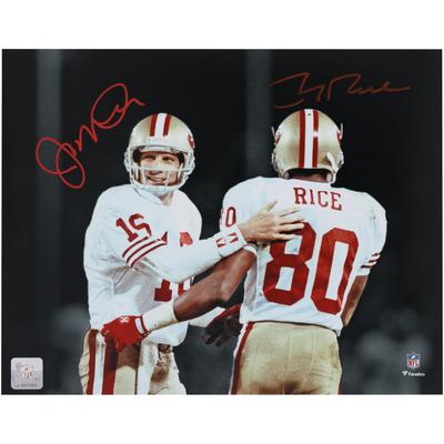 Joe Montana & Jerry Rice San Francisco 49ers Autogrammfoto nebeneinander , 11 x 35,6 cm, Spotlight-Foto – in Rot signiert Image