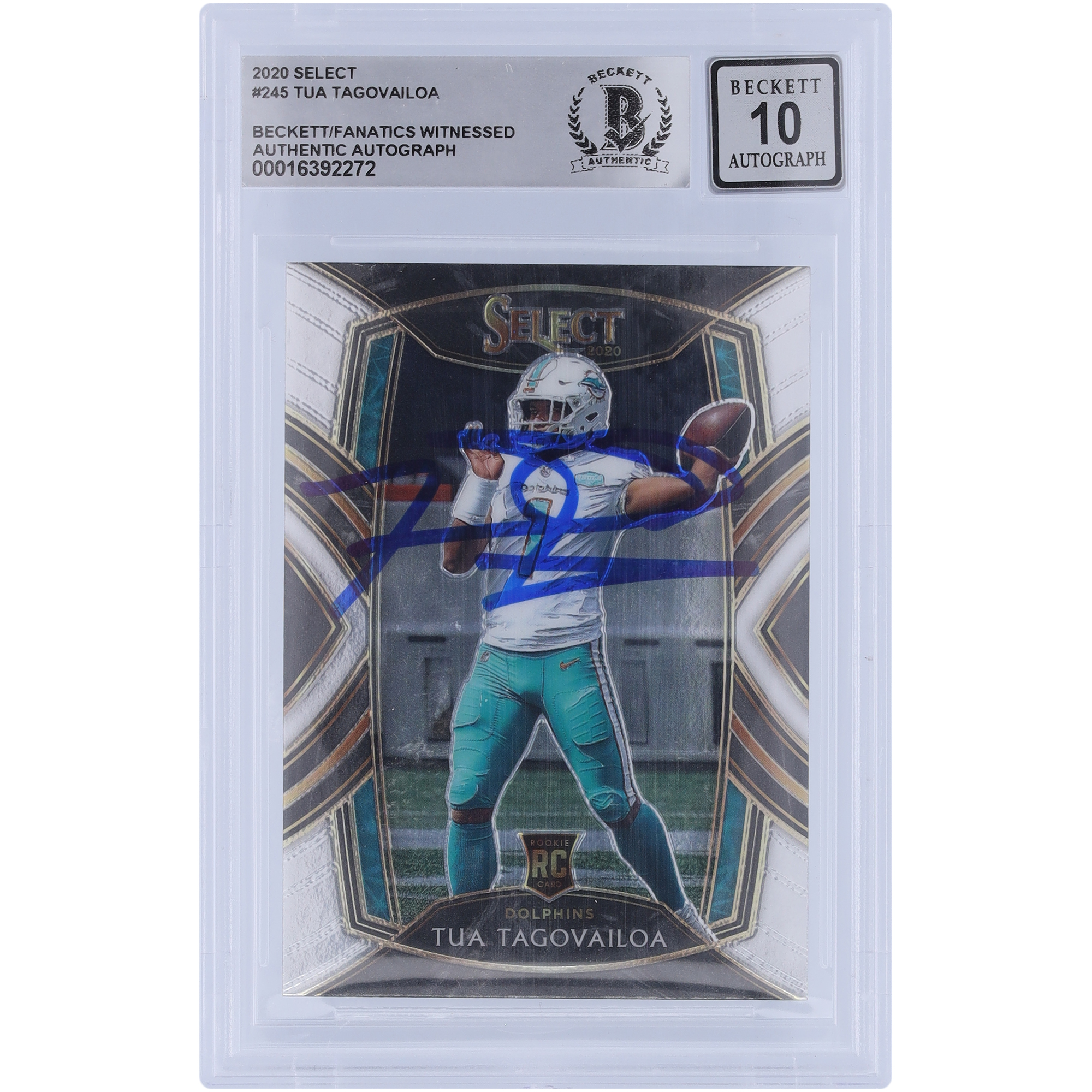 Tua Tagovailoa Miami Dolphins signiert 2020 Panini Select Club Level #245 Beckett Fanatics bezeugt authentifiziert 10 Rookie-Karte Image