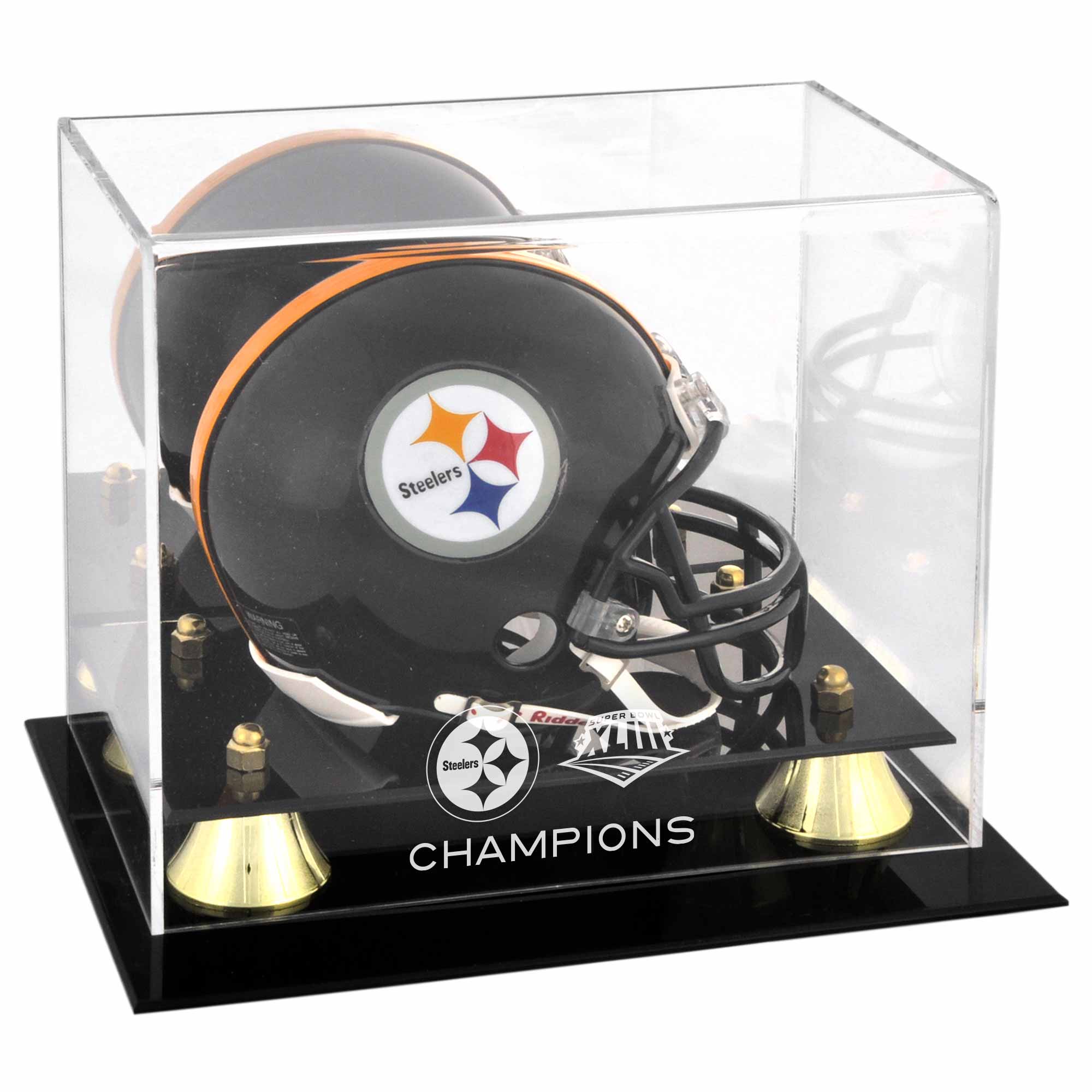 Goldene Vitrine mit Logo des Pittsburgh Steelers-Super-Bowl-XLIII-Champions im klassischen Mini-Helm Image