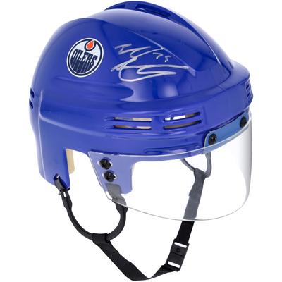 Von Evan Bouchard signierter blauer Minihelm der Edmonton Oilers Image