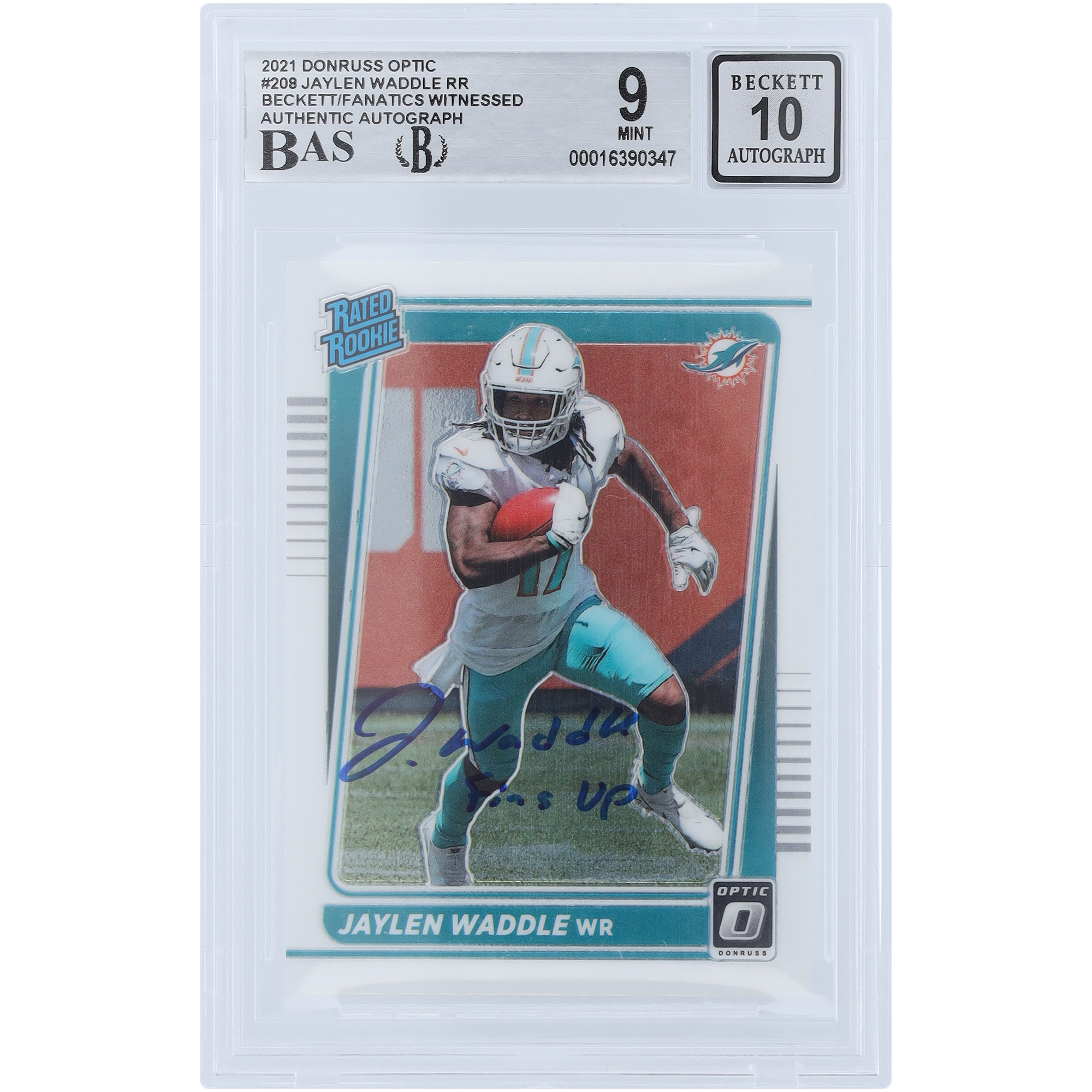 Jaylen Waddle Miami Dolphins signierte 2021 Panini Donruss Optic Rated Rookie #208 Beckett Fanatics bezeugte authentifizierte 9/10 Rookie-Karte mit "Fins Up"-Aufschrift Image