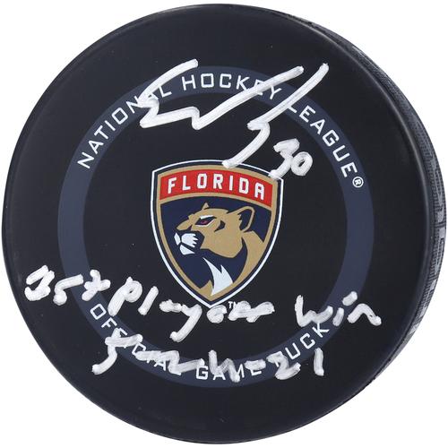 Spencer Knight Florida Panthers Autogramm-Puck 2021 Modell Offizieller Spielpuck mit der Aufschrift „1. Playoff-Sieg 24.05.21“