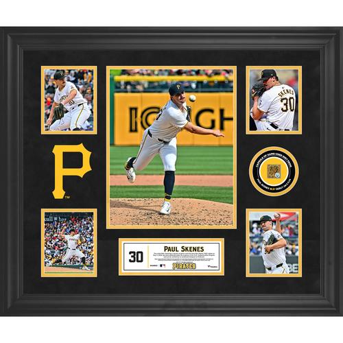 Paul Skenes Pittsburgh Pirates gerahmte 5-Foto-Debütcollage mit einer Kapsel aus beim Spiel verwendetem Schmutz