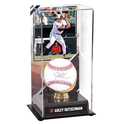 Autogramm-Baseball der Baltimore Orioles von Adley Rutschman und Vitrine mit sublimiertem Baseball-Motiv mit Bild Image