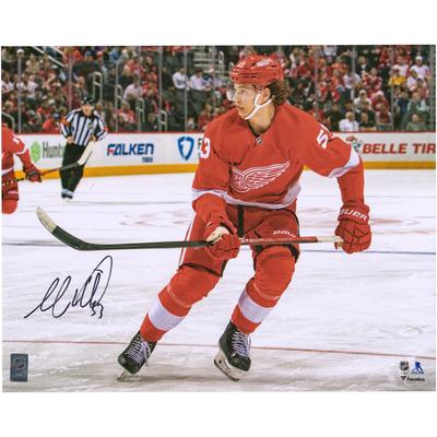 Autogramm von Moritz Seider, Detroit Red Wings, 16 x 20 Zoll, Eiskunstlauffoto im roten Trikot Image