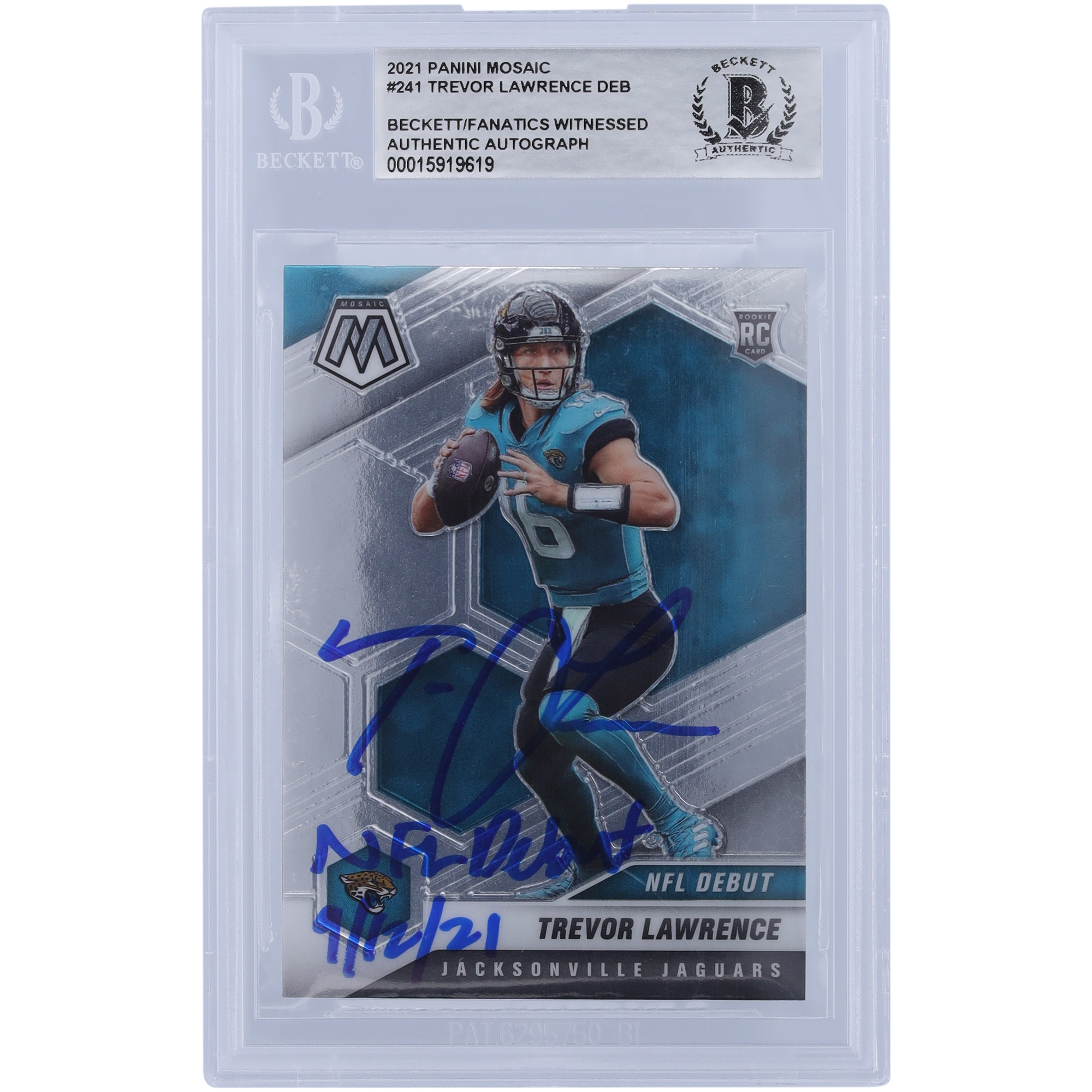 Trevor Lawrence Jacksonville Jaguars signierte 2021 Panini Mosaic NFL Debut #241 Beckett Fanatics bezeugte authentifizierte Rookie-Karte mit der Aufschrift „NFL Debut 9/12/21“ Image