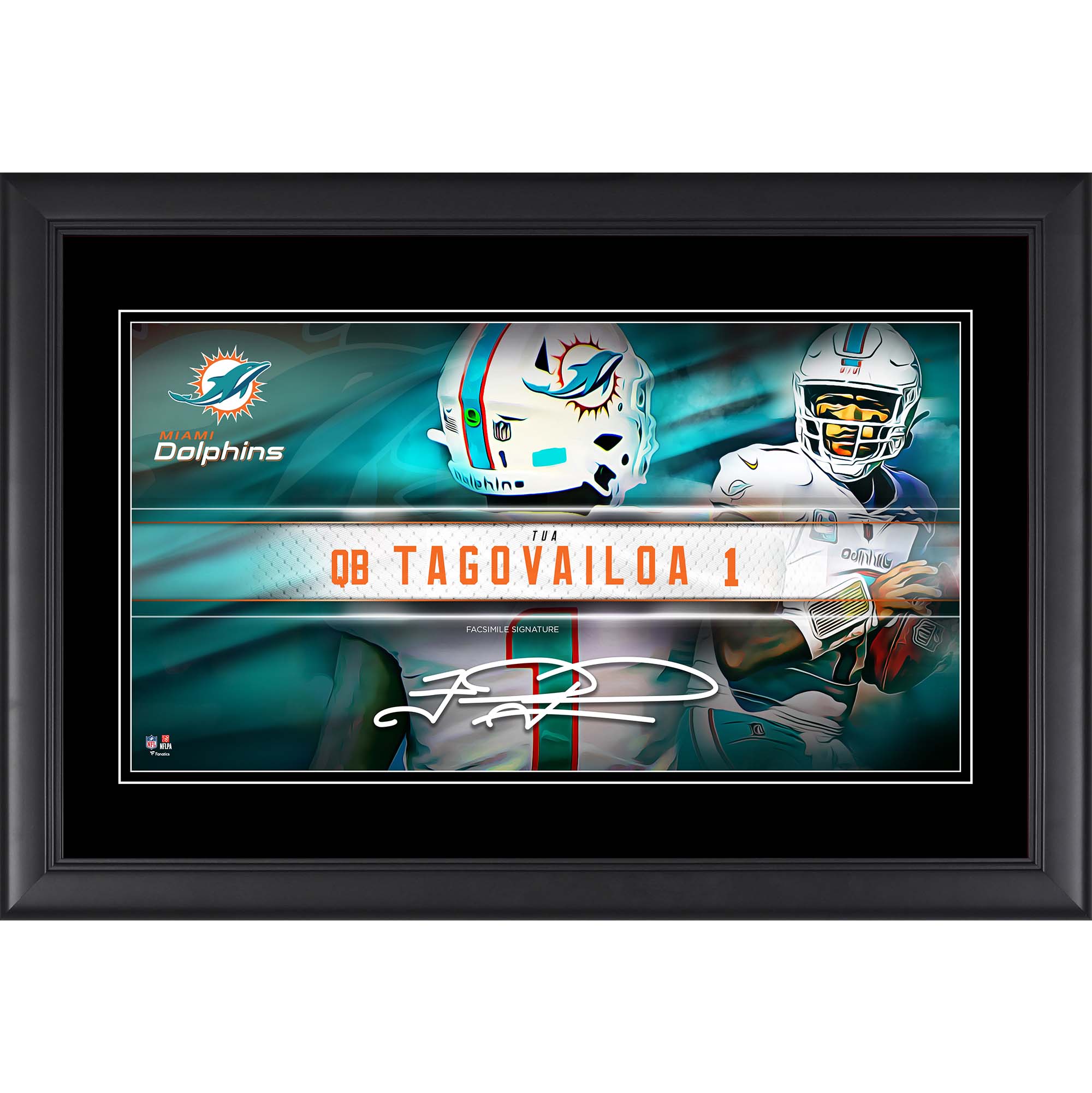 Tua Tagovailoa Miami Dolphins Faksimile-Signatur, gerahmt, 10 x 18 Zoll, Spieler-Namensschild-Collage Image
