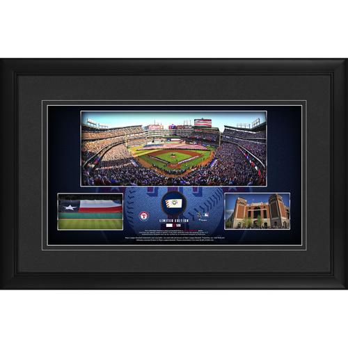 Texas Rangers - gerahmte Stadion-Panoramacollage, 25,4 x 45,7 cm, mit einem Stück eines beim Spiel verwendeten Baseballs – limitierte Auflage von 500 Stück