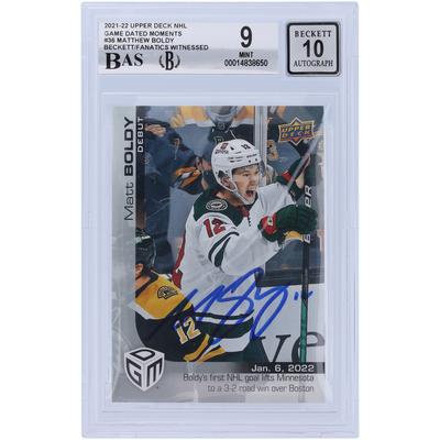 Matthew Boldy Minnesota Wild signiertes 2021-22 Upper Deck Game Dated Moments Rookie Debut #36 Beckett Fanatics Zeuge authentifizierte 9/10 Karte - 9,5/8,5/9,5/9,5 Unterklassen Image