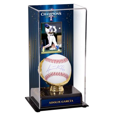 Adolis Garcia, Texas Rangers, signierter Baseball für die American League Champions 2023 und sublimierte Vitrine mit Bild Image