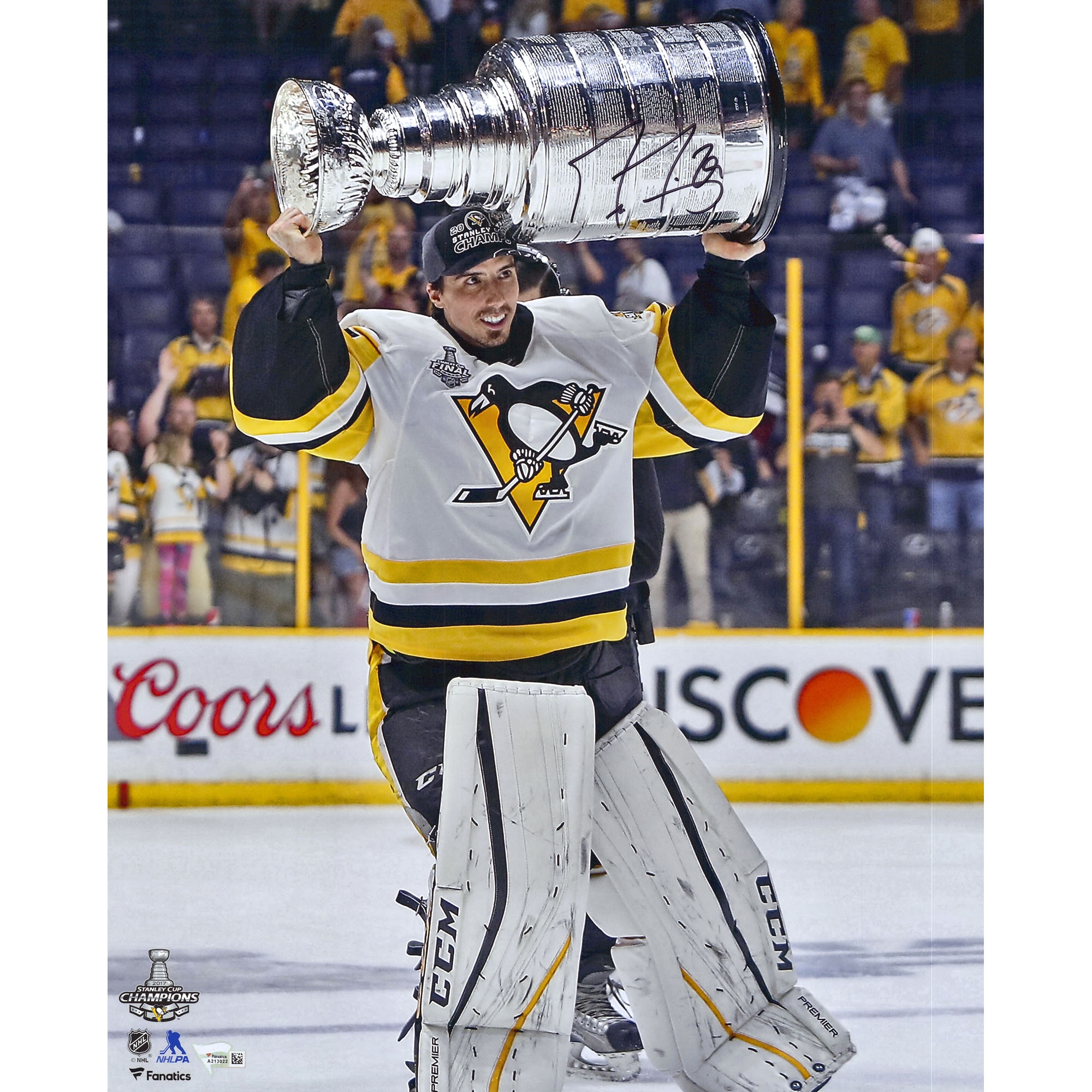 Marc-Andre Fleury, Pittsburgh Penguins 2017 Stanley Cup Champions, signiertes 16" x 20" Raising Cup-Foto Image