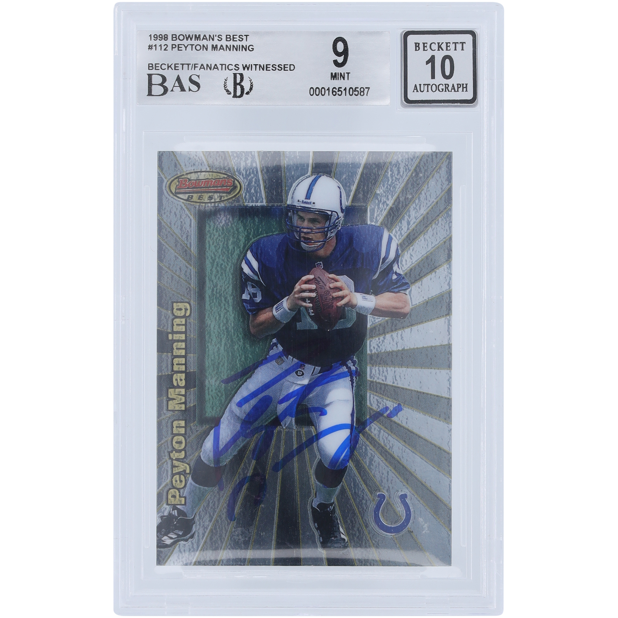 Peyton Manning Indianapolis Colts signierte 1998 Bowman's Best #112 Beckett Fanatics bezeugte authentifizierte 9/10 Rookie-Karte Image