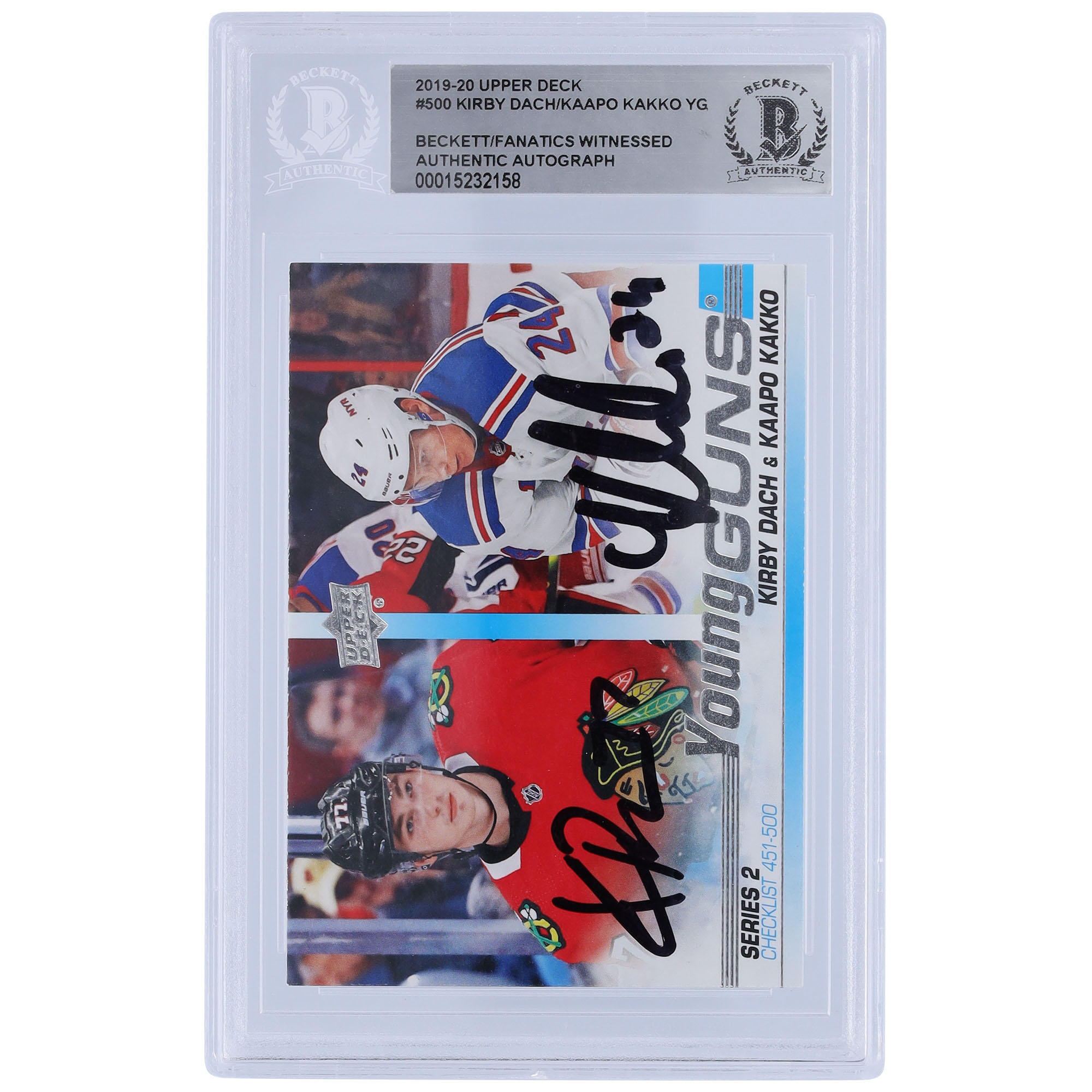 Kirby Dach Chicago Blackhawks & Kaapo Kakko New York Rangers signierte 2019-20 Upper Deck Young Guns Checkliste #500 Beckett Fanatics bezeugte authentifizierte Rookie-Karte Image