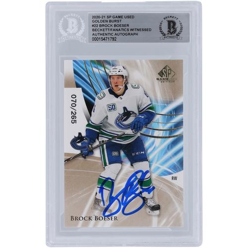 Brock Boeser Vancouver Canucks Autogrammkarte 2020–21 Upper Deck SP Spiel gebraucht Golden Burst #22 #/265 Beckett Fanatics bezeugte authentifizierte Karte