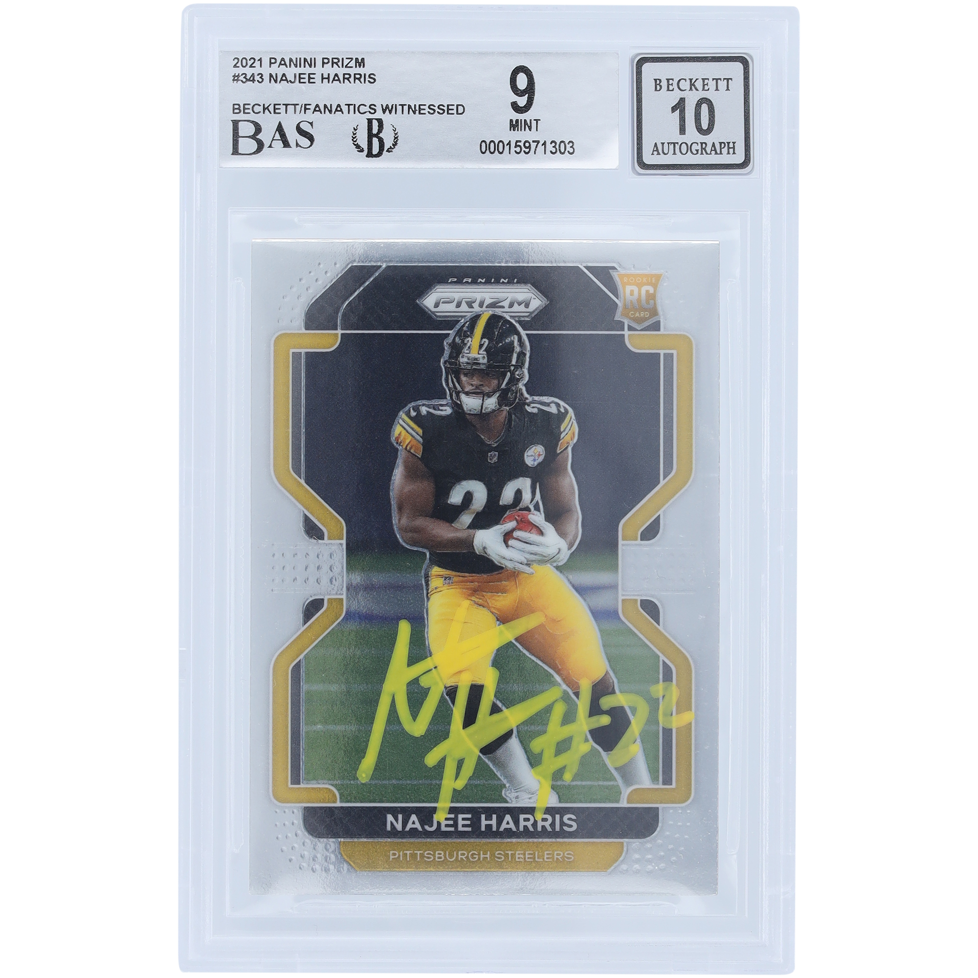 Najee Harris Pittsburgh Steelers signierte 2021 Panini Prizm #343 Beckett Fanatics bezeugte authentifizierte 9/10 Rookie-Karte Image