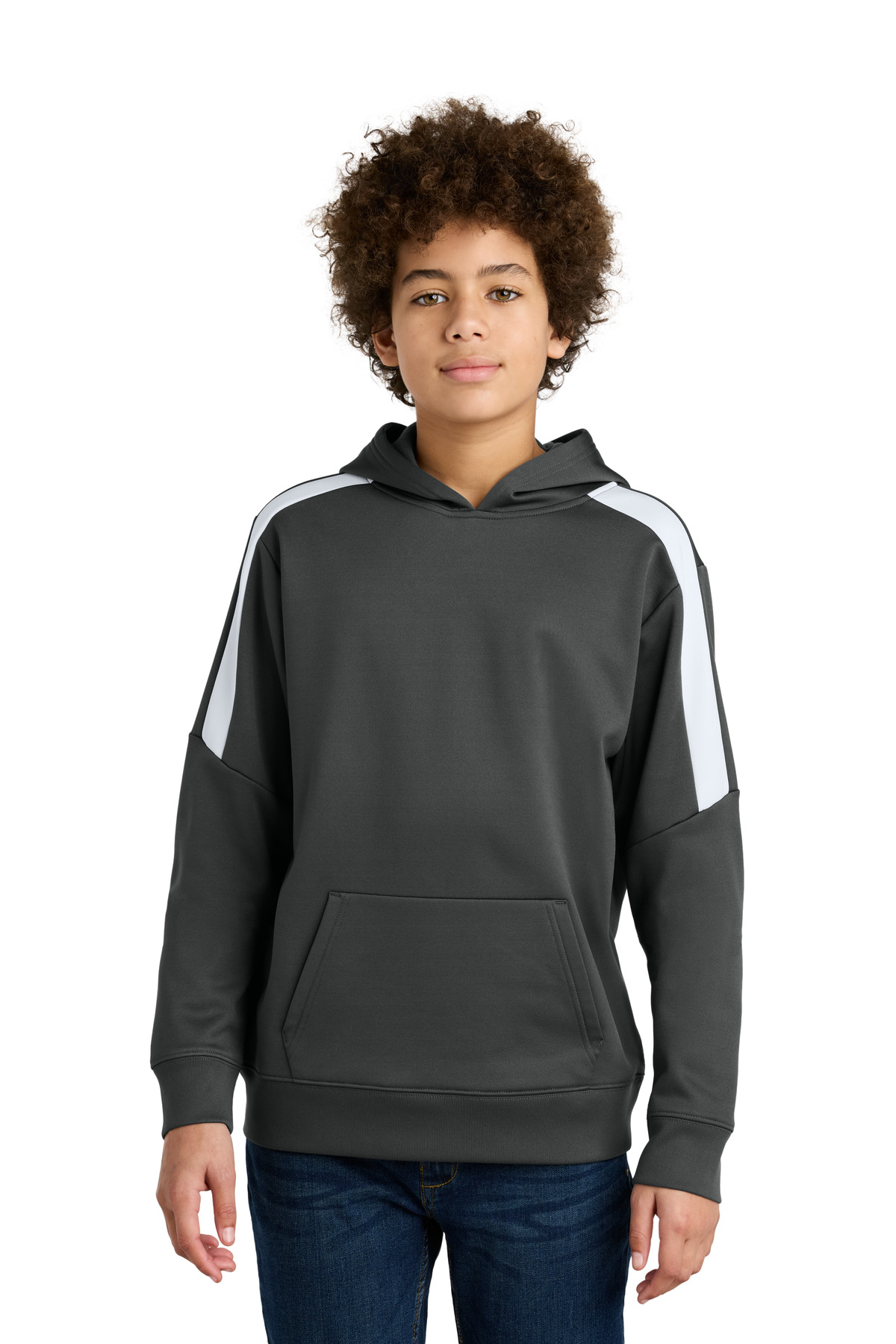 Sport-Tek YST255 Youth Sport-Wick Fleece United Pullover Hoodie in Iron Gray/White size XS | Polyester