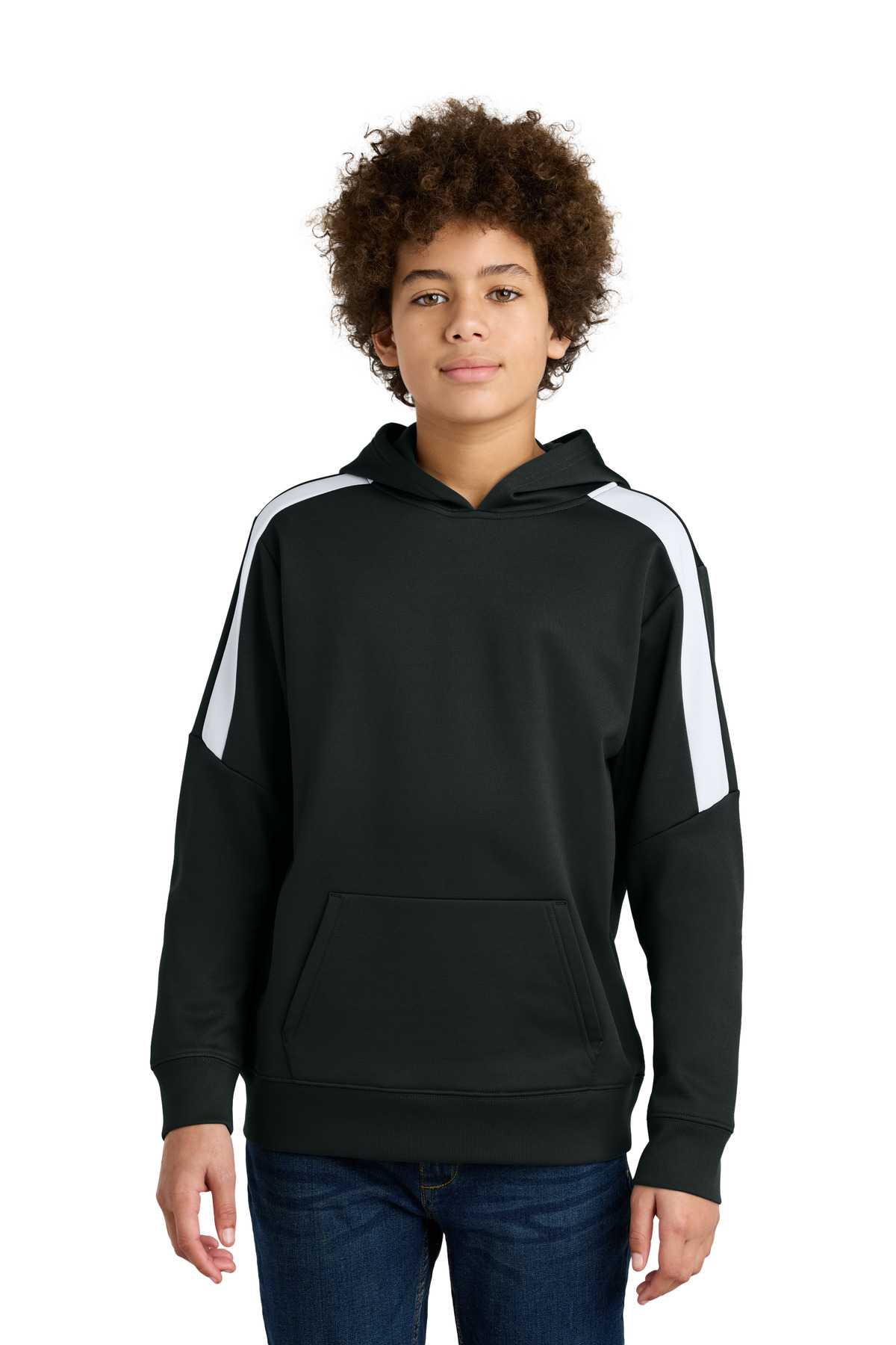 Sport-Tek YST255 Youth Sport-Wick Fleece United Pullover Hoodie in Black/White size XL | Polyester