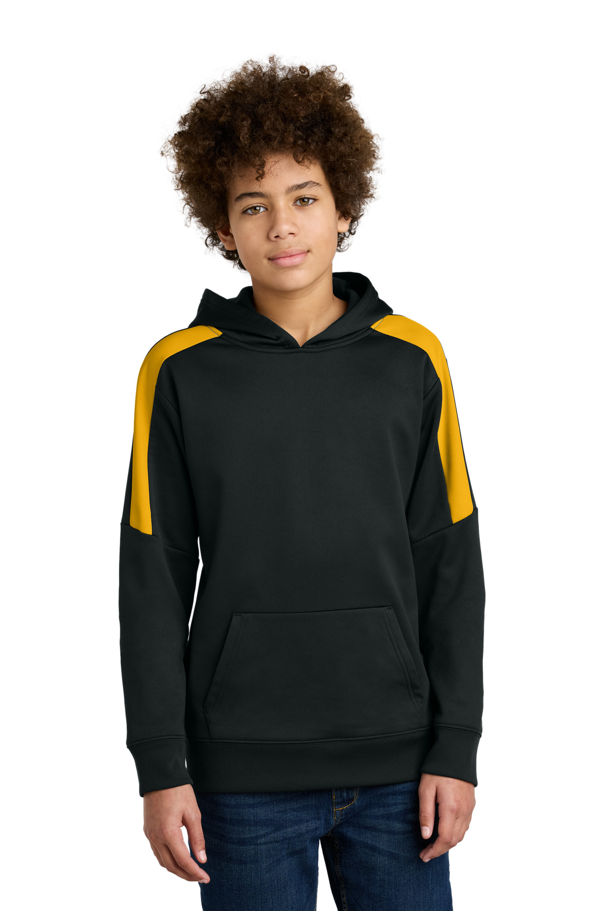Sport-Tek YST255 Youth Sport-Wick Fleece United Pullover Hoodie in Black/Gold size Small | Polyester