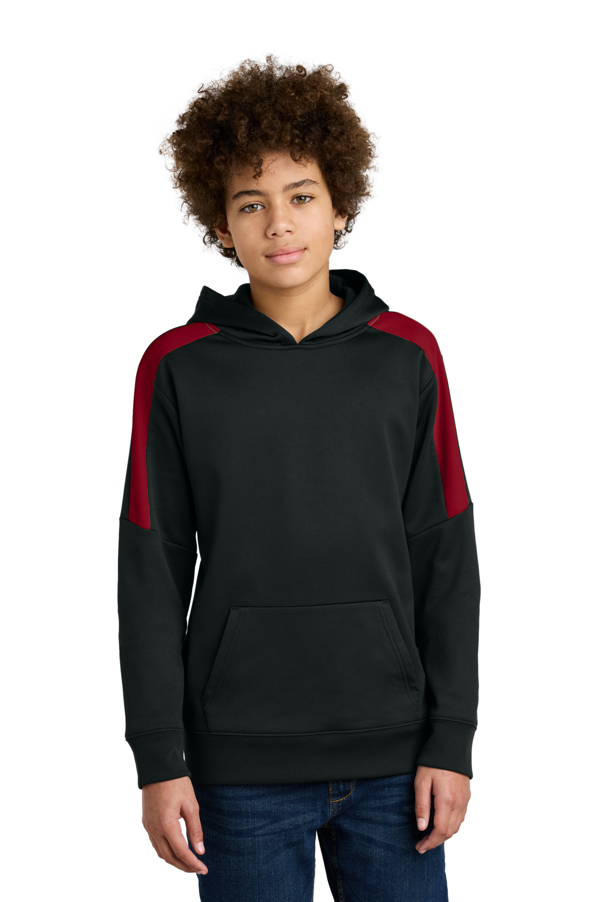 Sport-Tek YST255 Youth Sport-Wick Fleece United Pullover Hoodie in Black/Deep Red size Large | Polyester
