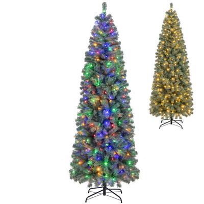 Costway 7.5 Feet Pre-Lit Blue Artificial Christmas Tree Slim with 9 Lighting Modes-7.5 ft