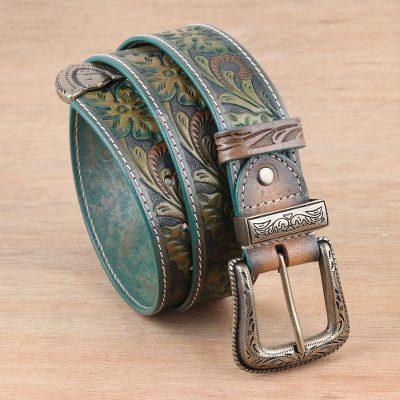 'Antiqued Leaf-Themed Embossed Leather and Brass Alloy Belt'