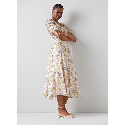 Leith Cream Valerian Flower Silk Metallic Stripe Dress Blue, Blue
