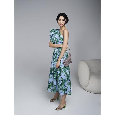 Maud Neon Garden Print Organic Cotton One-Shoulder Dress, Blue