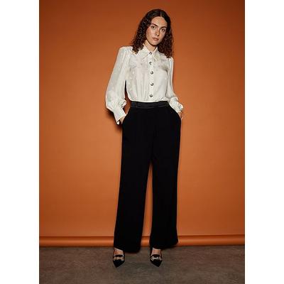 Kelsey Black Crepe and Satin Trim Wide Leg Trousers, Black