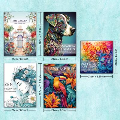 TEMU 5 Packs Of Adult Coloring Book Set Nature, Garden, Animals, Zen, Plant & Bird Themes, High-quality Paper, Perfect Gift