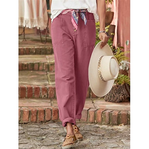 Damen Kunstbaumwollleinen Chinos Mode Streetwear Volle Länge Hohe Taille Einfach Tasche Elastischer Bund Bequem Weich Mikroelastisch Outdoor Straße Schwarz Rosa Grün Grau Frühling Herbst Normale Image