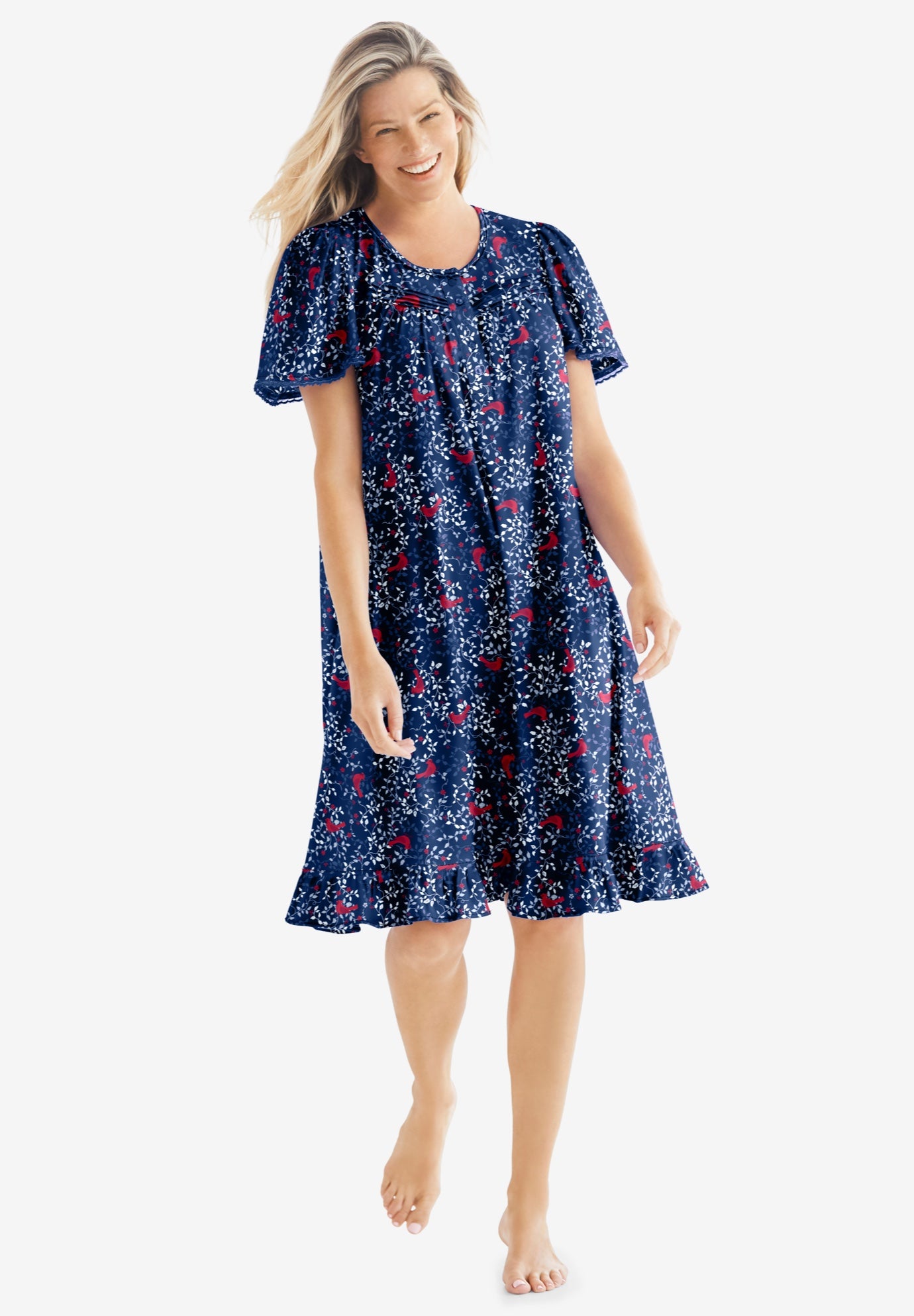 Plus Size Women's Short Floral Print Cotton Gown by Dreams & Co. in Evening Blue Cardinals (Size 1X) Pajamas