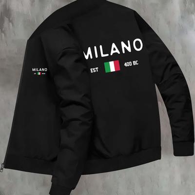 TEMU Est Print Men' Jacket - Casual Polyester Knit Fabric With Elastane, Stand Collar, Stretch, Fall/winter Collection With Pocket Detail Image