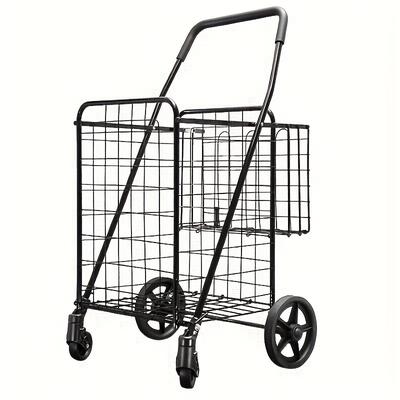 TEMU 1pc Heavy Duty Metal & Pp Folding Shopping Cart, 100lbs Capacity, Portable Utility Multifunctional Trolley, All-terrain Rubber Wheels, Supermarket And Home Use Storage Cart