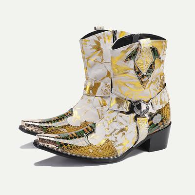 Men's Gold Snakeskin Leather Motorcycle Boots – Western Style Pointed Toe Ankle Boots with Buckle Straps and Bold Metallic Accents