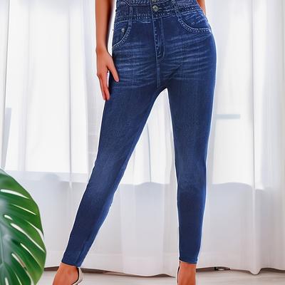 TEMU Women's High-waisted Cropped Denim, 95% Polyester 5% Spandex, With Fake Pockets, Knit Fabric, Regular Fit For Casual Weekend Wear