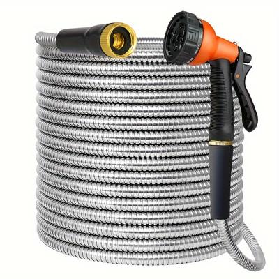 TEMU Stainless Steel Water Hose Flexible With 3/4 Inch Brass Fittings And Sprayer Nozzle, Kink & Free, Rust Proof