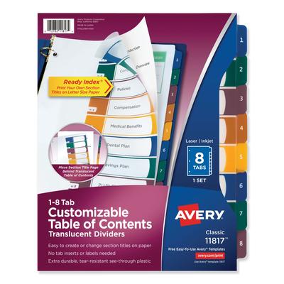 Avery 11817 Customizable Table of Contents Ready Index Dividers with Multicolor Tabs, 8-Tab, 1 to 8, 11 x 8.5, Translucent, 1 Set - Set of 8