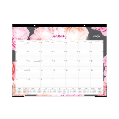Blue Sky 102714 Joselyn Desk Pad, Rose Artwork, 22 x 17, White/Pink/Peach Sheets, Black Binding, Clear Corners, 12-Month (Jan-Dec): 2024