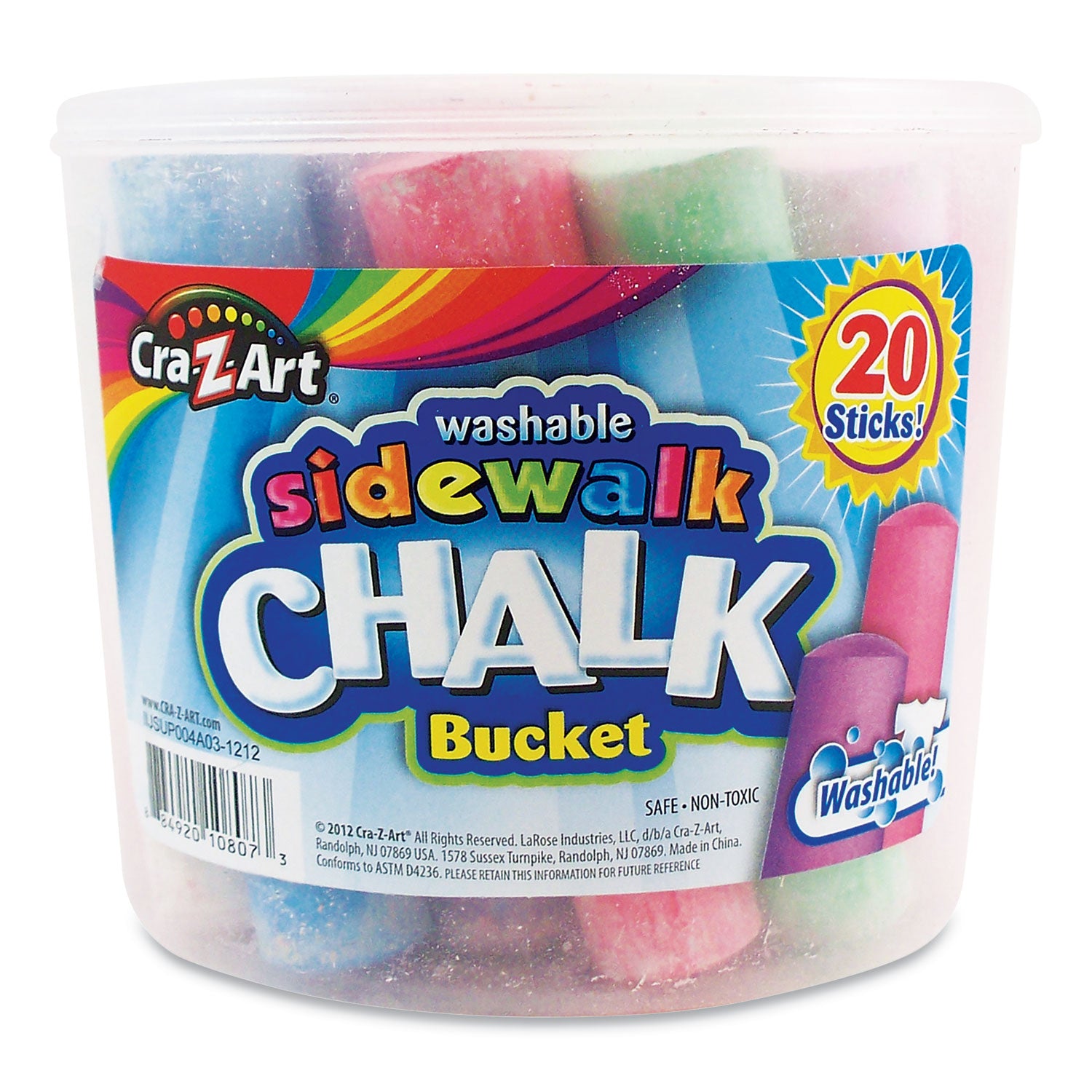 Cra-Z-Art® 108076 Washable Sidewalk Jumbo Chalk in Storage Bucket with Lid and Handle, 20 Assorted Colors - Pack of 20 CZA108076