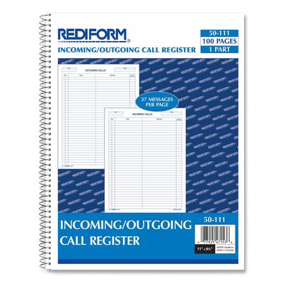 Rediform 50-111 Wirebound Call Register, One-Part (No Copies), 11 x 8.5, 100 Forms Total RED50111