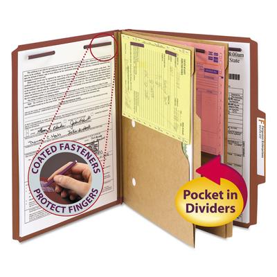 Smead 14079 6-Section Pressboard Top Tab Pocket-Style Classification Folders with SafeSHIELD Fasteners, 2 Dividers, Letter, Red, 10/Box