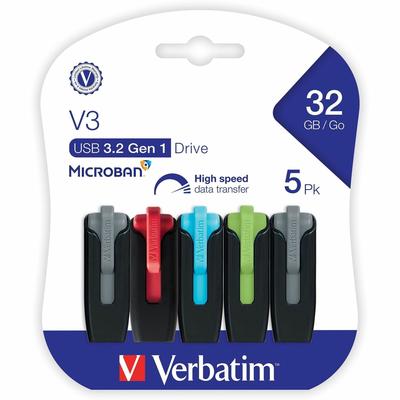 Verbatim 70900 32GB Store 'n' Go V3 USB 3.2 Gen 1 Flash Drive, 5 Pack - Pack of 5