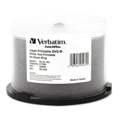 Verbatim 95079 DVD-R Discs 4.7GB 16X DataLifePlus White Inkjet Printable, 50/PK Spindle - Pack of 50