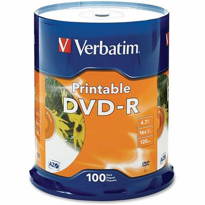 Verbatim 95153 DVD-R, 16x, 4.7GB, Inkjet Printable, 100/PK, White - Pack of 100