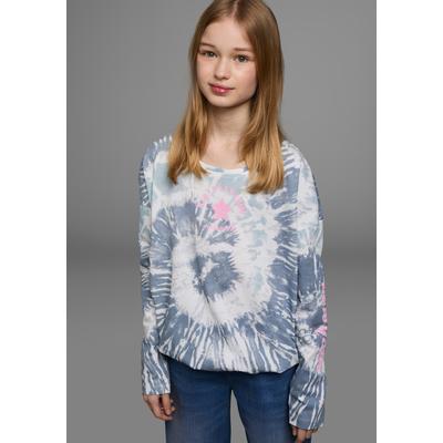 Fledermausshirt KIDSWORLD "Batik-Optik Shirt", Mädchen, Gr. 140/146, blau (blau, batik), Jersey, Obermaterial: 100% Baumwolle, bedruckt, mehrfarbig, Batikmuster, modisch, figurbetont hüftlang, Rundhals, Langarm Fledermausärmel abgesteppte Kante,... Image