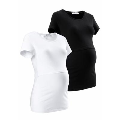 Umstandsshirt NEUN MONATE "2er Pack T-Shirts für Schwangerschaft und Stillzeit", Damen, Gr. 44/46, schwarz (schwarz, weiß), Jersey, Obermaterial: 95% Baumwolle, 5% Elasthan, unifarben, Basic, figurbetont hüftlang, Rundhals, Kurzarm abgesteppte...