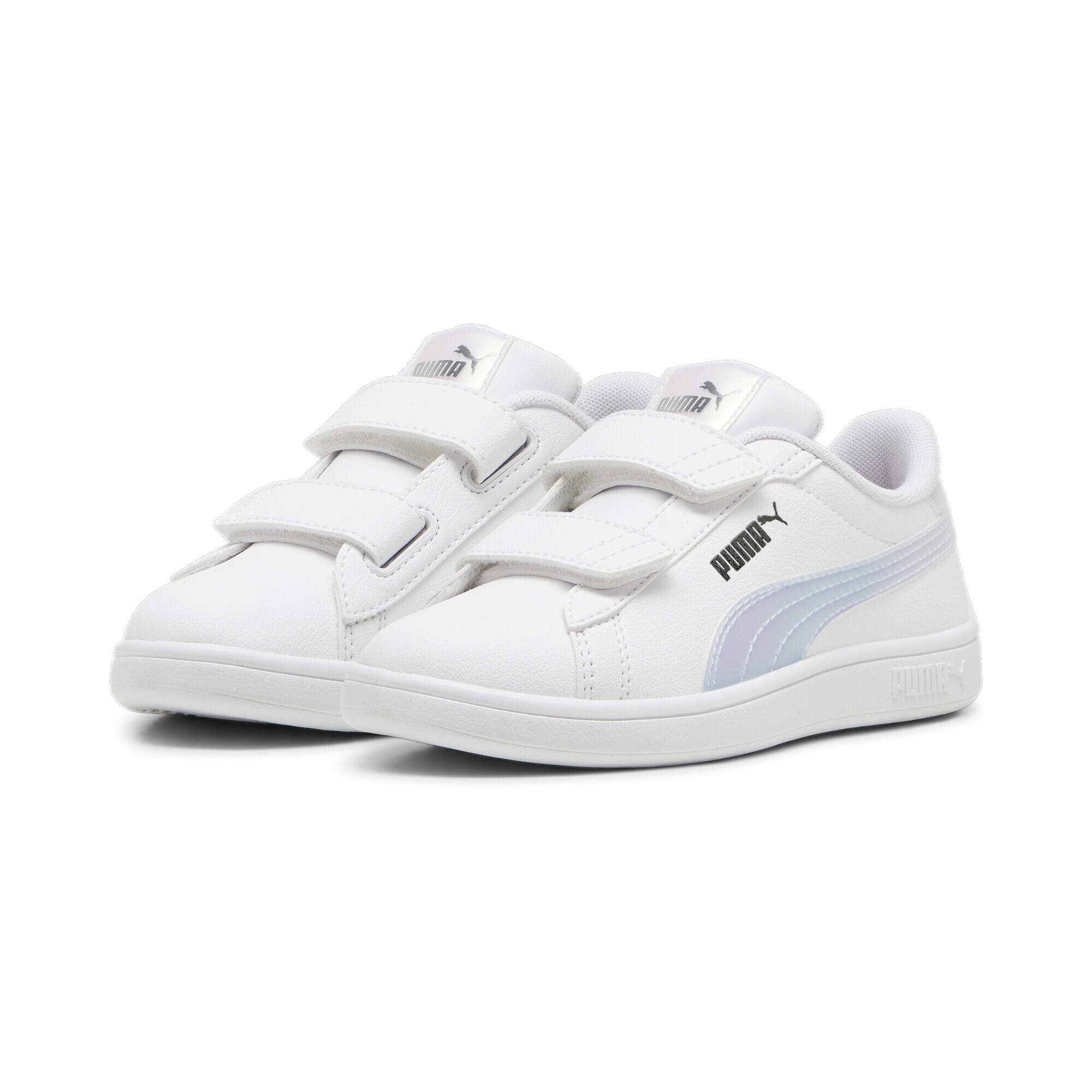 Sneaker PUMA "Smash 3.0 Holo Sneakers Kinder", Kinder, Gr. 35, weiß (weiß mauve mist silber pink metallic), Obermaterial: Synthetik, Textil. Futter: Textil. Innensohle: Textil. Laufsohle: Gummi, Schuhe Sneaker